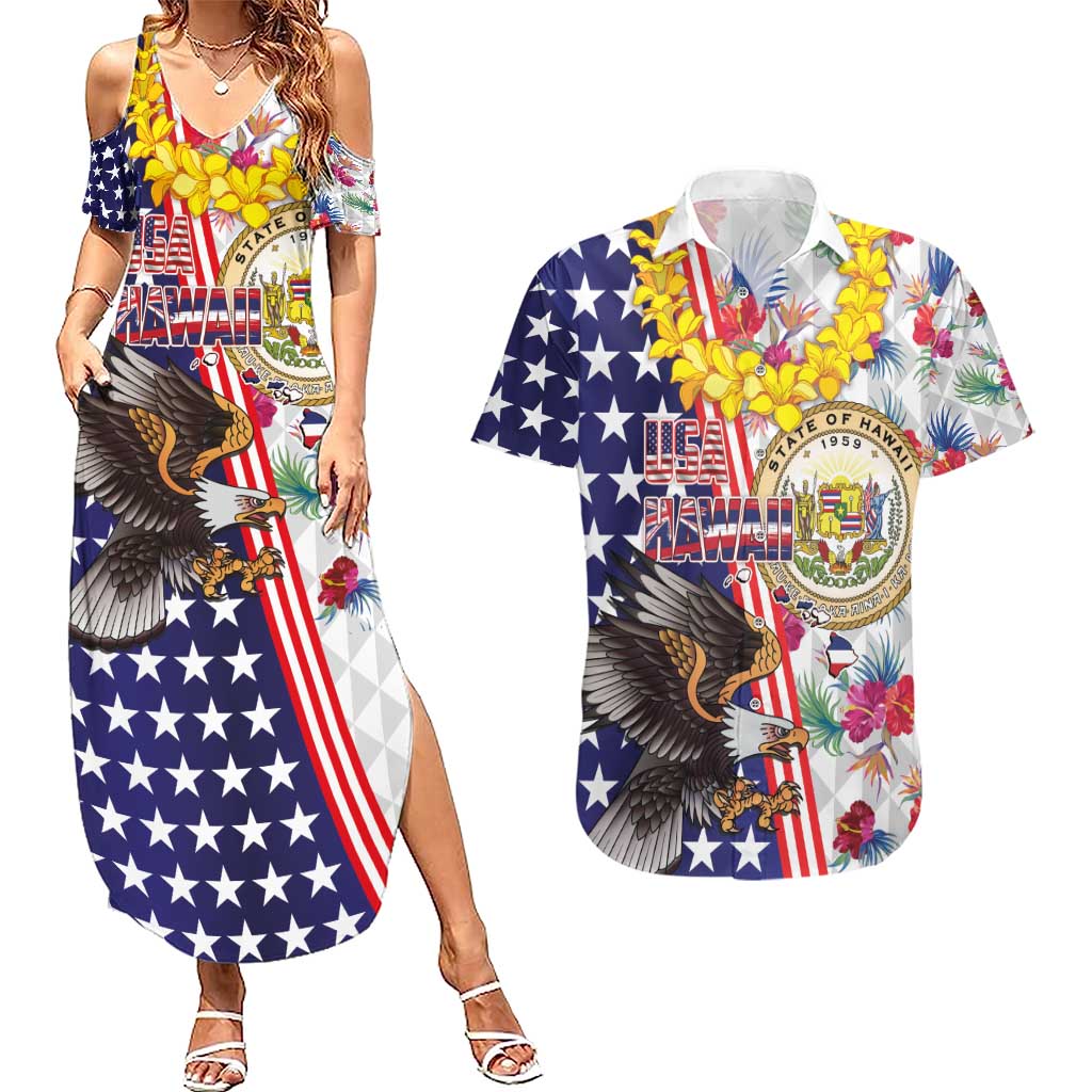 Hawaii and United States Together Couples Matching Summer Maxi Dress and Hawaiian Shirt Seal of Hawaii and Bald Eagle LT03 White - Polynesian Pride