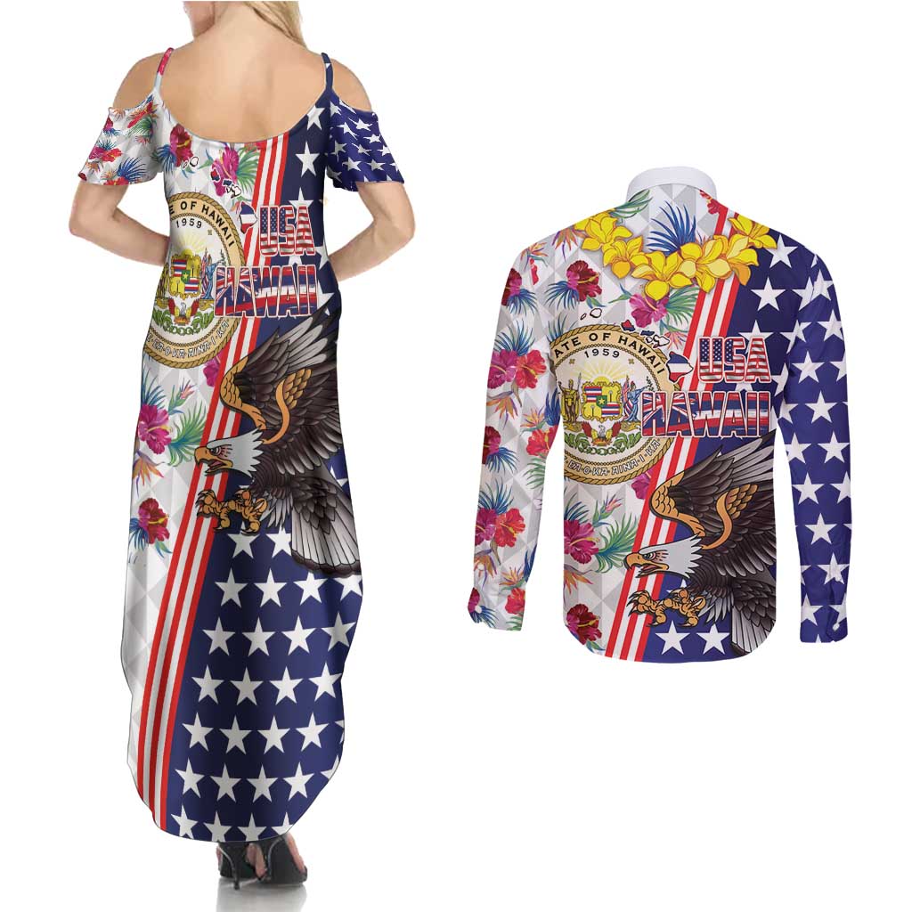 Hawaii and United States Together Couples Matching Summer Maxi Dress and Long Sleeve Button Shirt Seal of Hawaii and Bald Eagle LT03 - Polynesian Pride