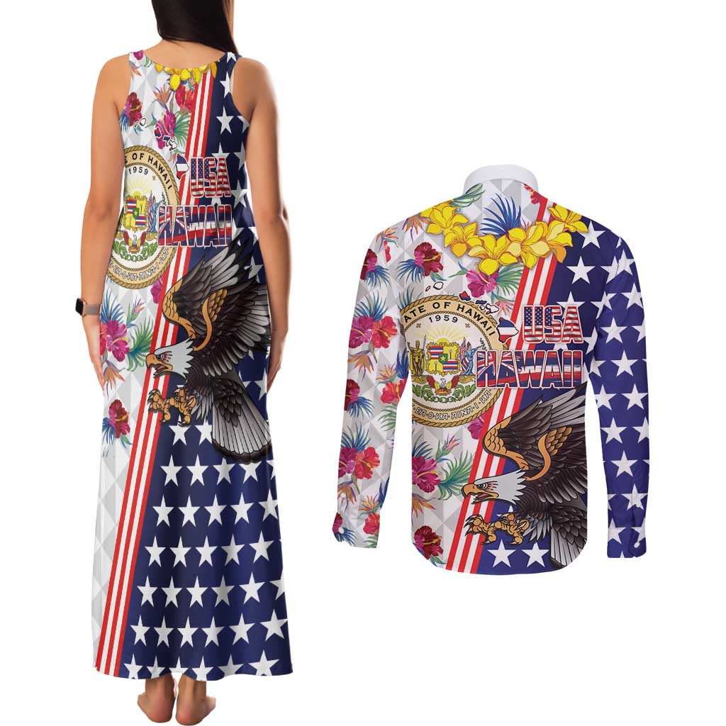 Hawaii and United States Together Couples Matching Tank Maxi Dress and Long Sleeve Button Shirt Seal of Hawaii and Bald Eagle LT03 - Polynesian Pride