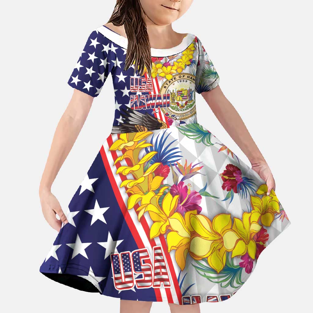 Hawaii and United States Together Family Matching Mermaid Dress and Hawaiian Shirt Seal of Hawaii and Bald Eagle LT03 Daughter's Dress White - Polynesian Pride