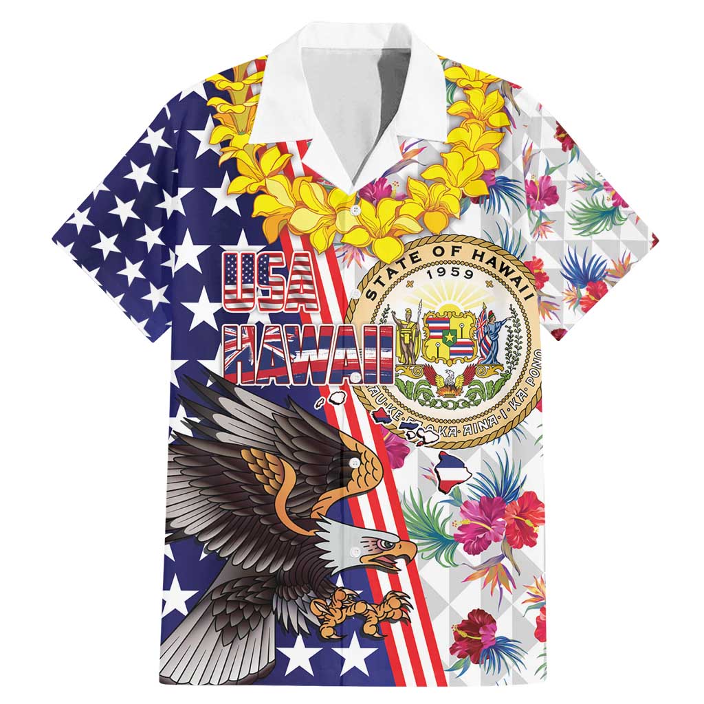 Hawaii and United States Together Family Matching Mermaid Dress and Hawaiian Shirt Seal of Hawaii and Bald Eagle LT03 Dad's Shirt - Short Sleeve White - Polynesian Pride