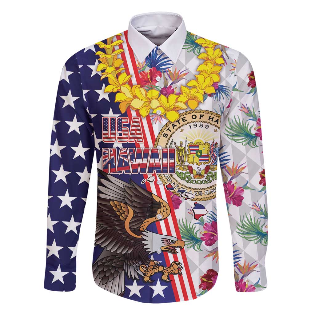 Hawaii and United States Together Family Matching Mermaid Dress and Hawaiian Shirt Seal of Hawaii and Bald Eagle LT03 Dad's Shirt - Long Sleeve White - Polynesian Pride