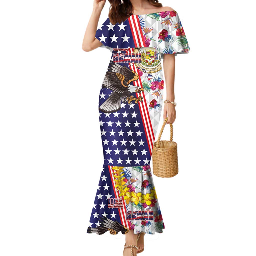 Hawaii and United States Together Family Matching Mermaid Dress and Hawaiian Shirt Seal of Hawaii and Bald Eagle LT03 Mom's Dress White - Polynesian Pride