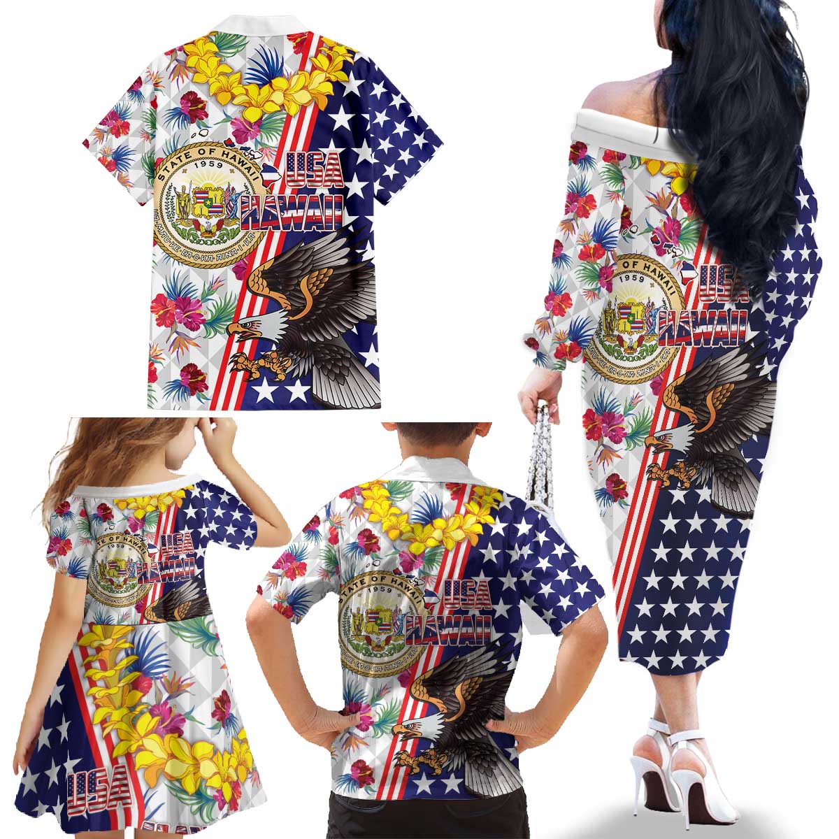 Hawaii and United States Together Family Matching Off The Shoulder Long Sleeve Dress and Hawaiian Shirt Seal of Hawaii and Bald Eagle - Polynesian Pride