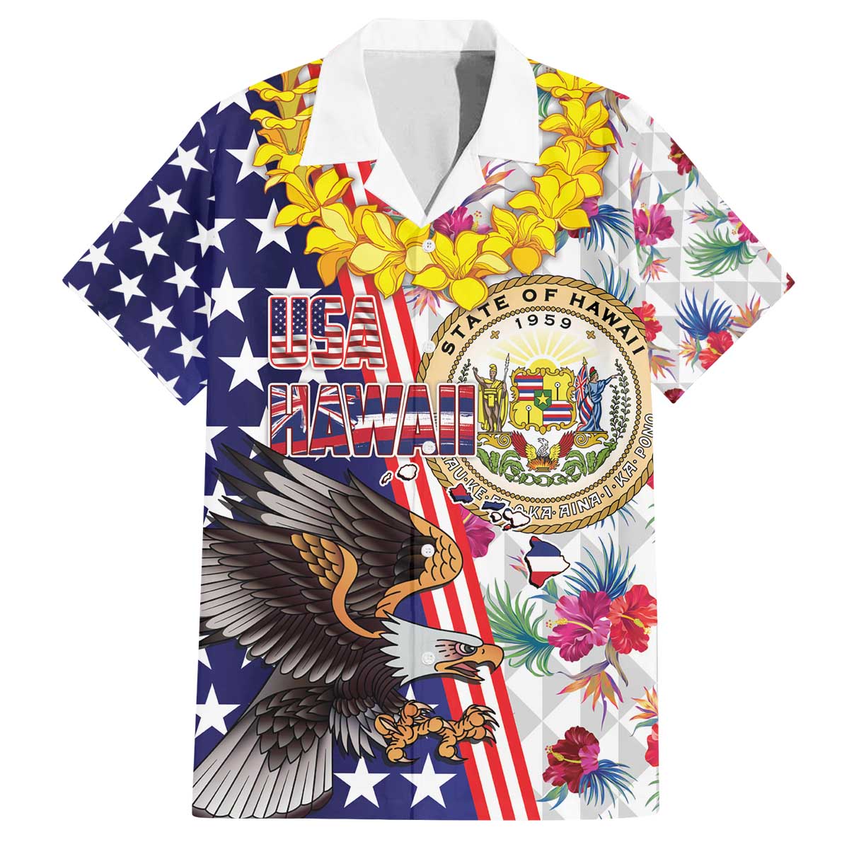 Hawaii and United States Together Family Matching Off The Shoulder Long Sleeve Dress and Hawaiian Shirt Seal of Hawaii and Bald Eagle - Polynesian Pride