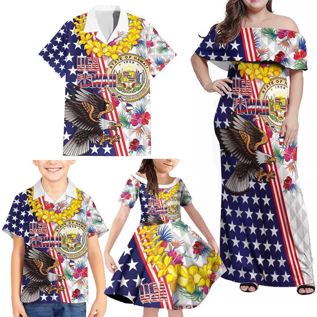 Hawaii and United States Together Family Matching Off Shoulder Maxi Dress and Hawaiian Shirt Seal of Hawaii and Bald Eagle LT03 - Polynesian Pride