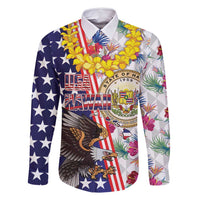 Hawaii and United States Together Family Matching Off Shoulder Maxi Dress and Hawaiian Shirt Seal of Hawaii and Bald Eagle LT03 Dad's Shirt - Long Sleeve White - Polynesian Pride