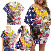 Hawaii and United States Together Family Matching Off Shoulder Short Dress and Hawaiian Shirt Seal of Hawaii and Bald Eagle LT03 - Polynesian Pride