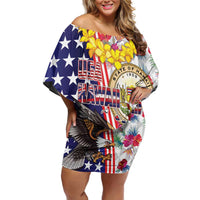 Hawaii and United States Together Family Matching Off Shoulder Short Dress and Hawaiian Shirt Seal of Hawaii and Bald Eagle LT03 Mom's Dress White - Polynesian Pride