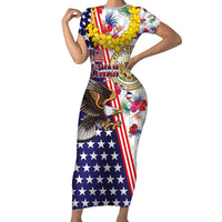Hawaii and United States Together Family Matching Short Sleeve Bodycon Dress and Hawaiian Shirt Seal of Hawaii and Bald Eagle LT03 Mom's Dress White - Polynesian Pride