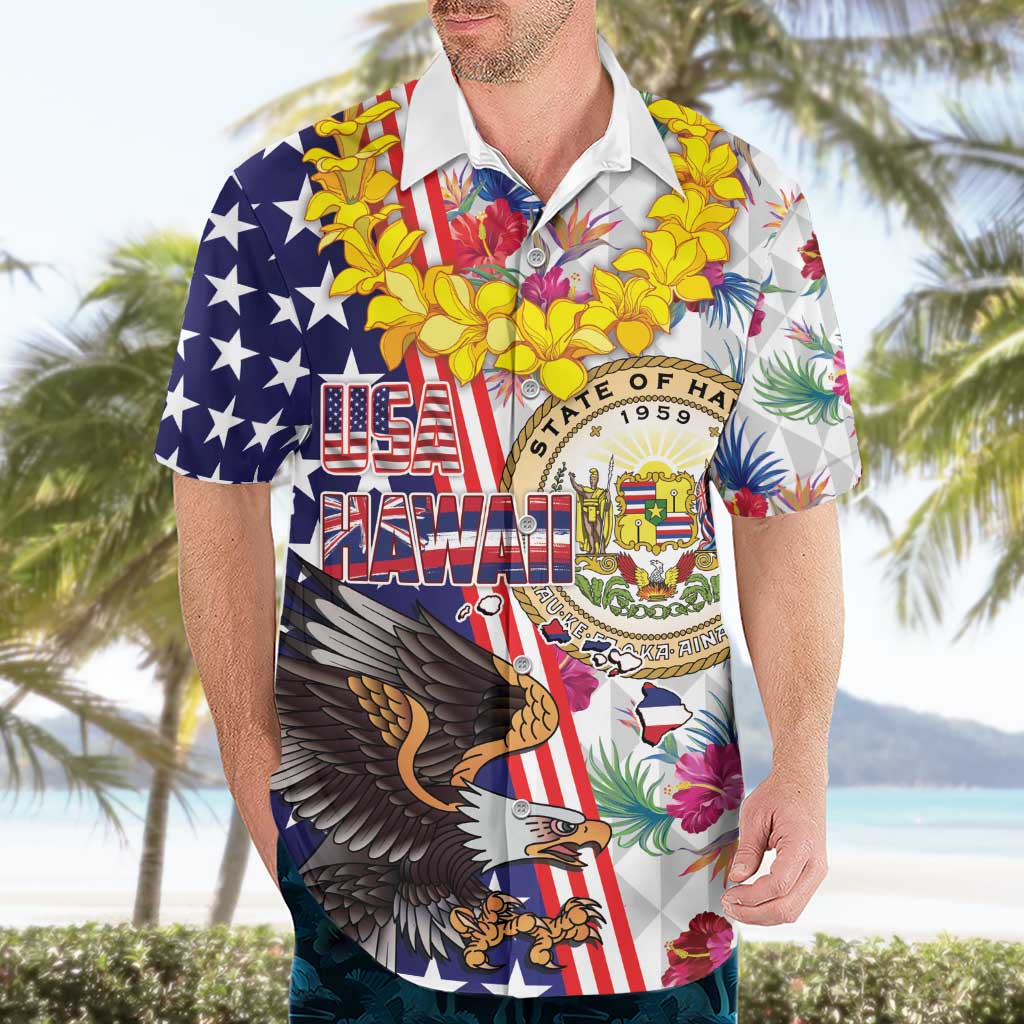 Hawaii and United States Together Hawaiian Shirt Seal of Hawaii and Bald Eagle - Polynesian Pride