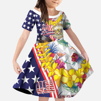 Hawaii and United States Together Kid Short Sleeve Dress Seal of Hawaii and Bald Eagle - Polynesian Pride
