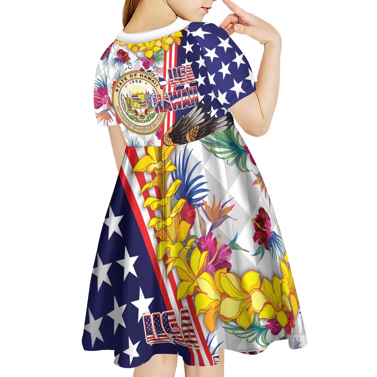 Hawaii and United States Together Kid Short Sleeve Dress Seal of Hawaii and Bald Eagle - Polynesian Pride