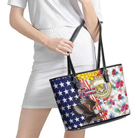 Hawaii and United States Together Leather Tote Bag Seal of Hawaii and Bald Eagle - Polynesian Pride
