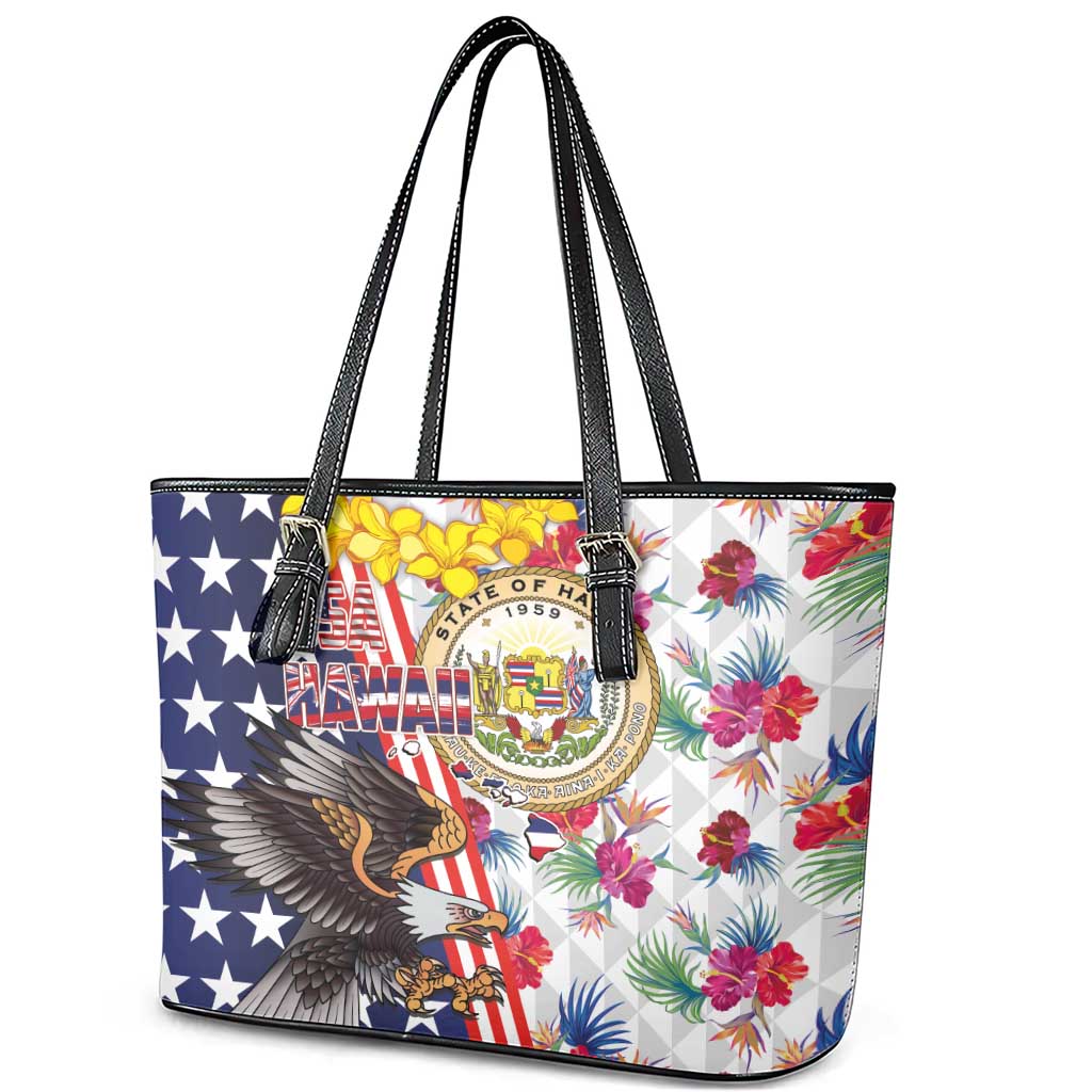 Hawaii and United States Together Leather Tote Bag Seal of Hawaii and Bald Eagle - Polynesian Pride