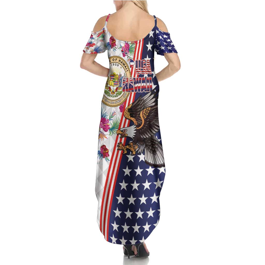 Hawaii and United States Together Summer Maxi Dress Seal of Hawaii and Bald Eagle - Polynesian Pride