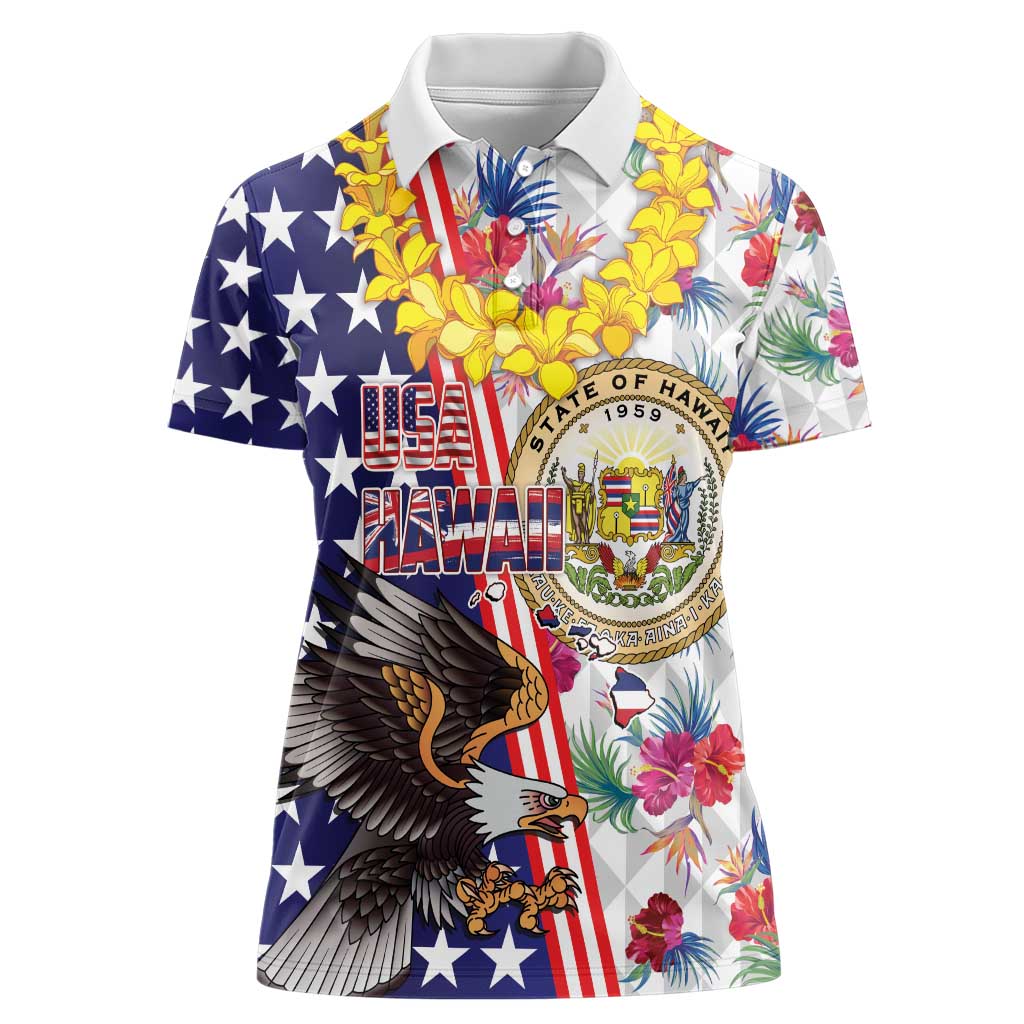 Hawaii and United States Together Women Polo Shirt Seal of Hawaii and Bald Eagle LT03 Female White - Polynesian Pride