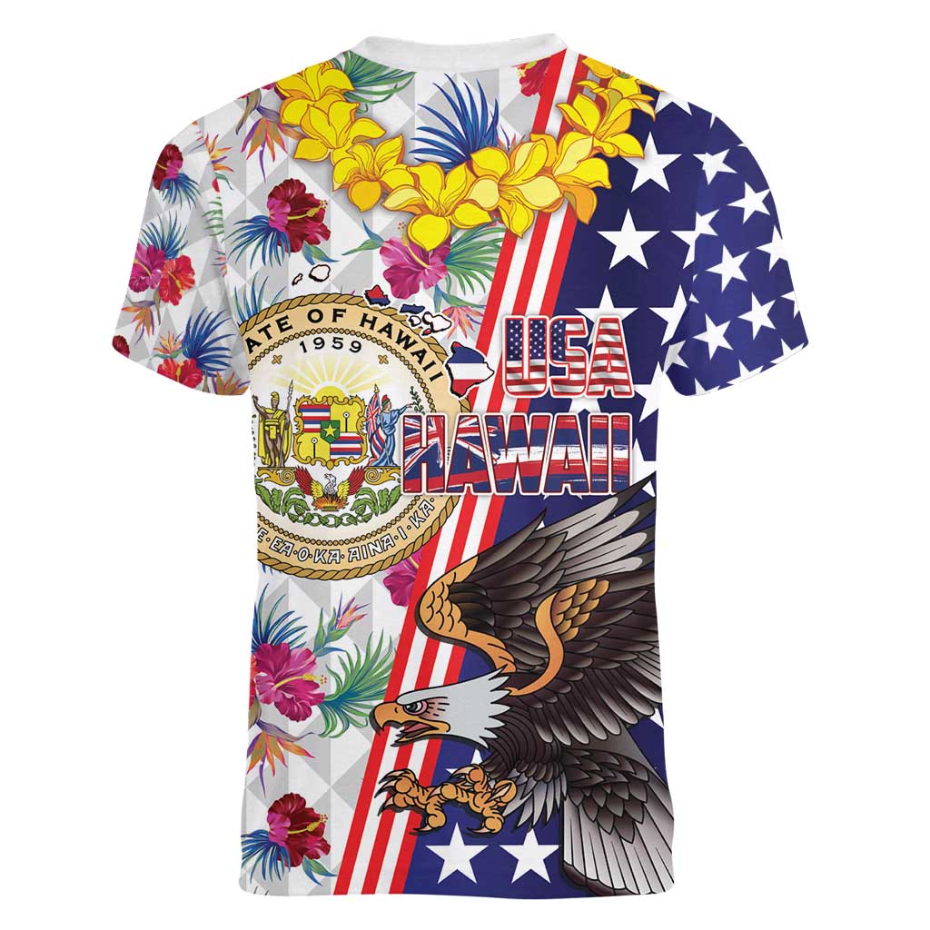 Hawaii and United States Together Women V-Neck T-Shirt Seal of Hawaii and Bald Eagle LT03 - Polynesian Pride