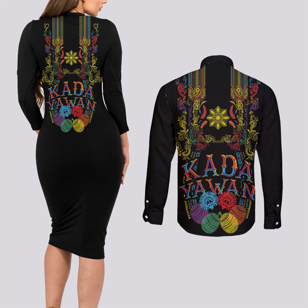Philippines Kadayawan Festival Couples Matching Long Sleeve Bodycon Dress and Long Sleeve Button Shirt Polynesian Tribal Art Barong Style