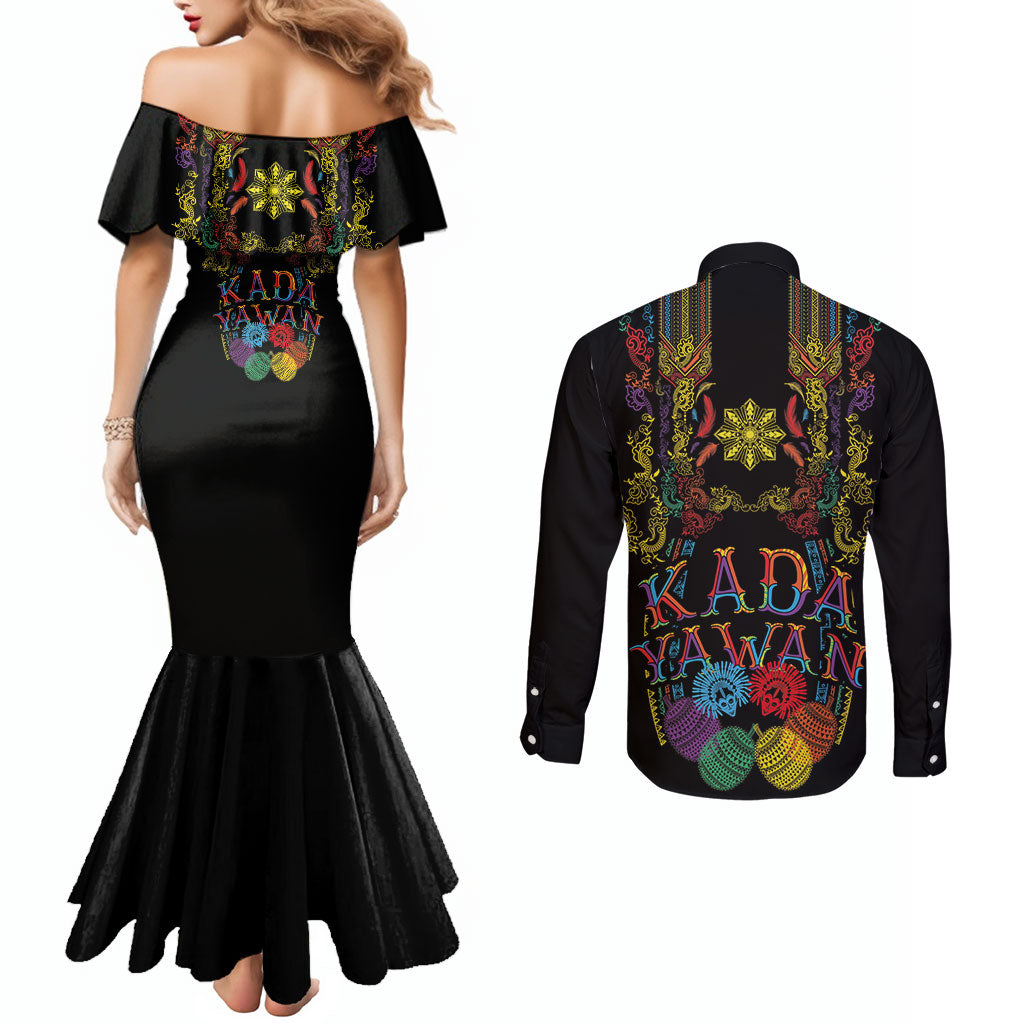 Philippines Kadayawan Festival Couples Matching Mermaid Dress and Long Sleeve Button Shirt Polynesian Tribal Art Barong Style