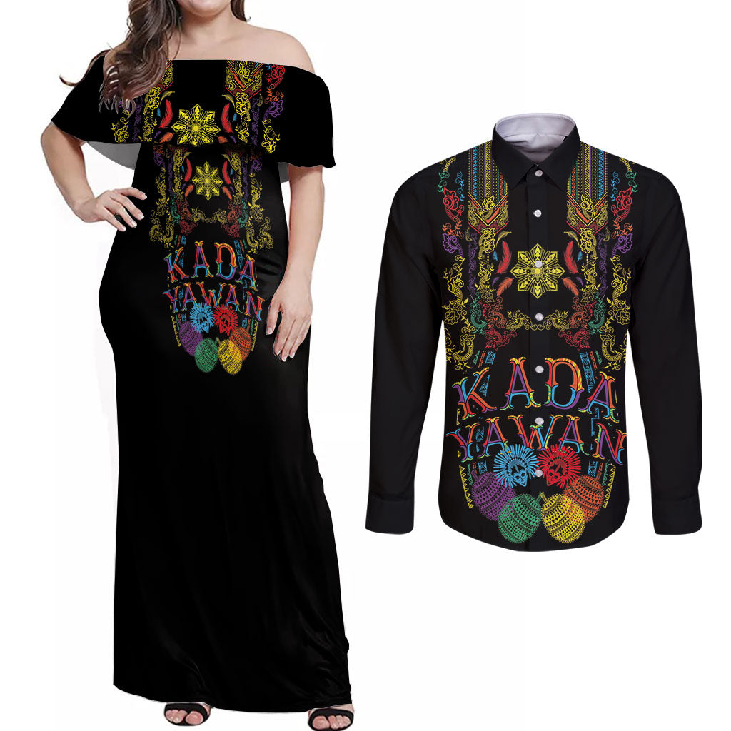 Philippines Kadayawan Festival Couples Matching Off Shoulder Maxi Dress and Long Sleeve Button Shirt Polynesian Tribal Art Barong Style LT03 Black - Polynesian Pride