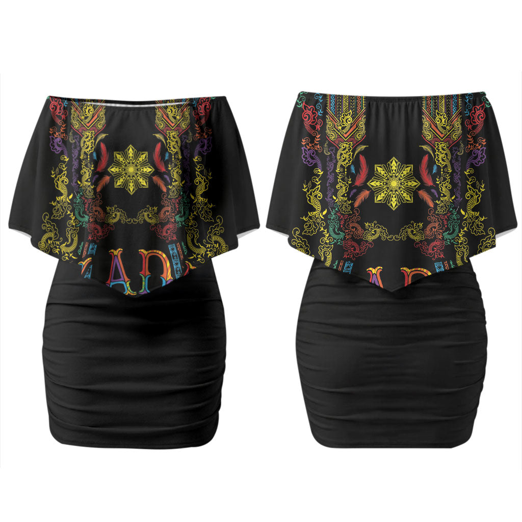 Philippines Kadayawan Festival Couples Matching Off Shoulder Short Dress and Long Sleeve Button Shirt Polynesian Tribal Art Barong Style LT03 - Polynesian Pride