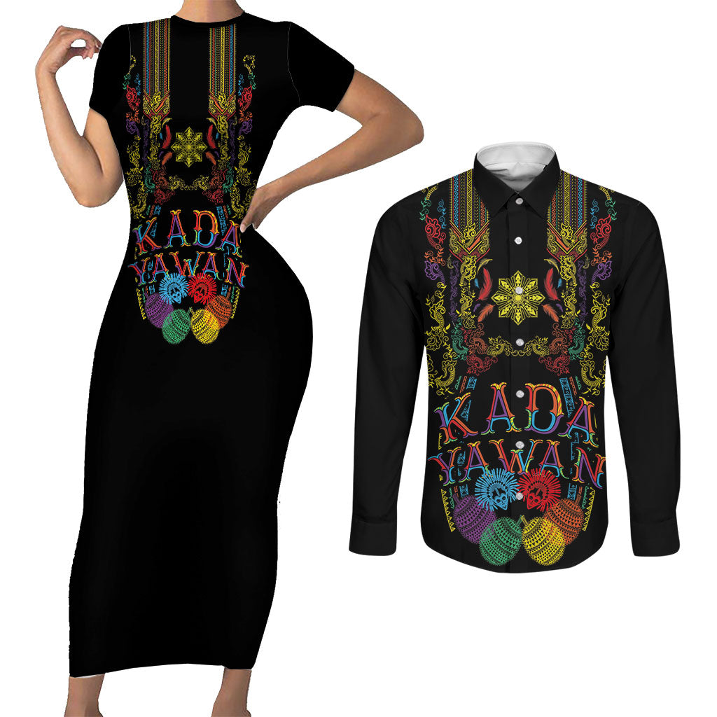 Philippines Kadayawan Festival Couples Matching Short Sleeve Bodycon Dress and Long Sleeve Button Shirt Polynesian Tribal Art Barong Style