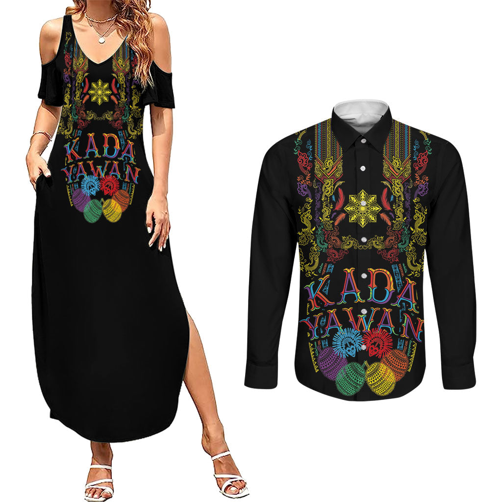 Philippines Kadayawan Festival Couples Matching Summer Maxi Dress and Long Sleeve Button Shirt Polynesian Tribal Art Barong Style LT03 Black - Polynesian Pride
