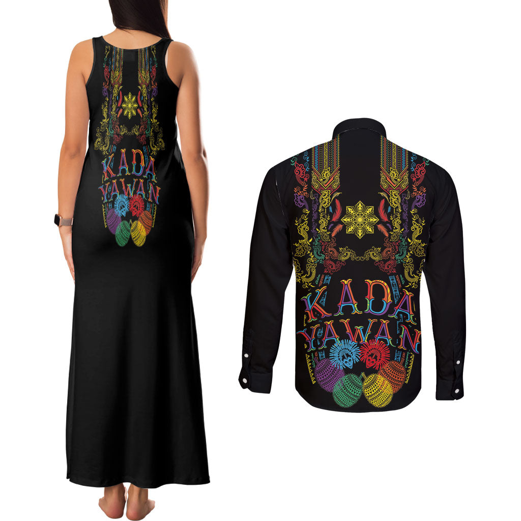 Philippines Kadayawan Festival Couples Matching Tank Maxi Dress and Long Sleeve Button Shirt Polynesian Tribal Art Barong Style