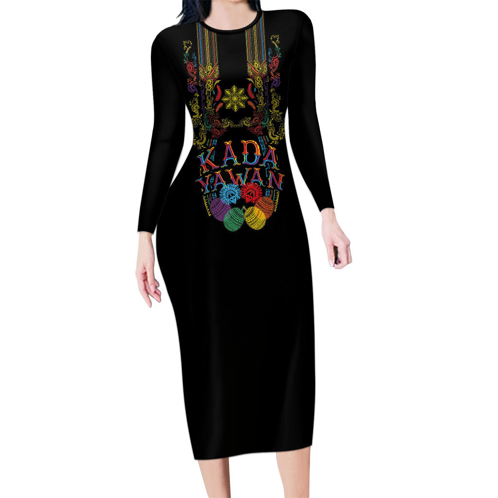 Philippines Kadayawan Festival Family Matching Long Sleeve Bodycon Dress and Hawaiian Shirt Polynesian Tribal Art Barong Style LT03 Mom's Dress Black - Polynesian Pride