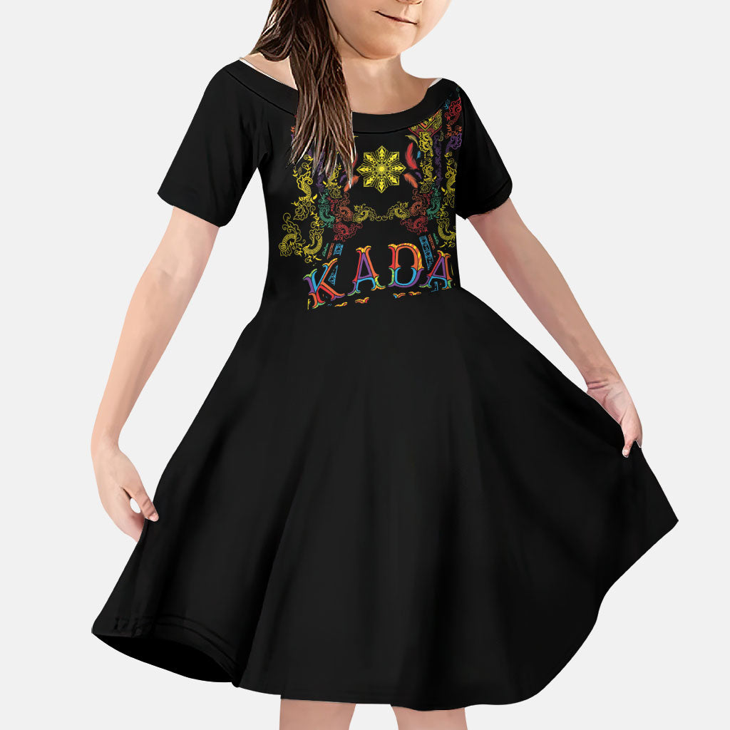Philippines Kadayawan Festival Family Matching Puletasi and Hawaiian Shirt Polynesian Tribal Art Barong Style LT03 Daughter's Dress Black - Polynesian Pride