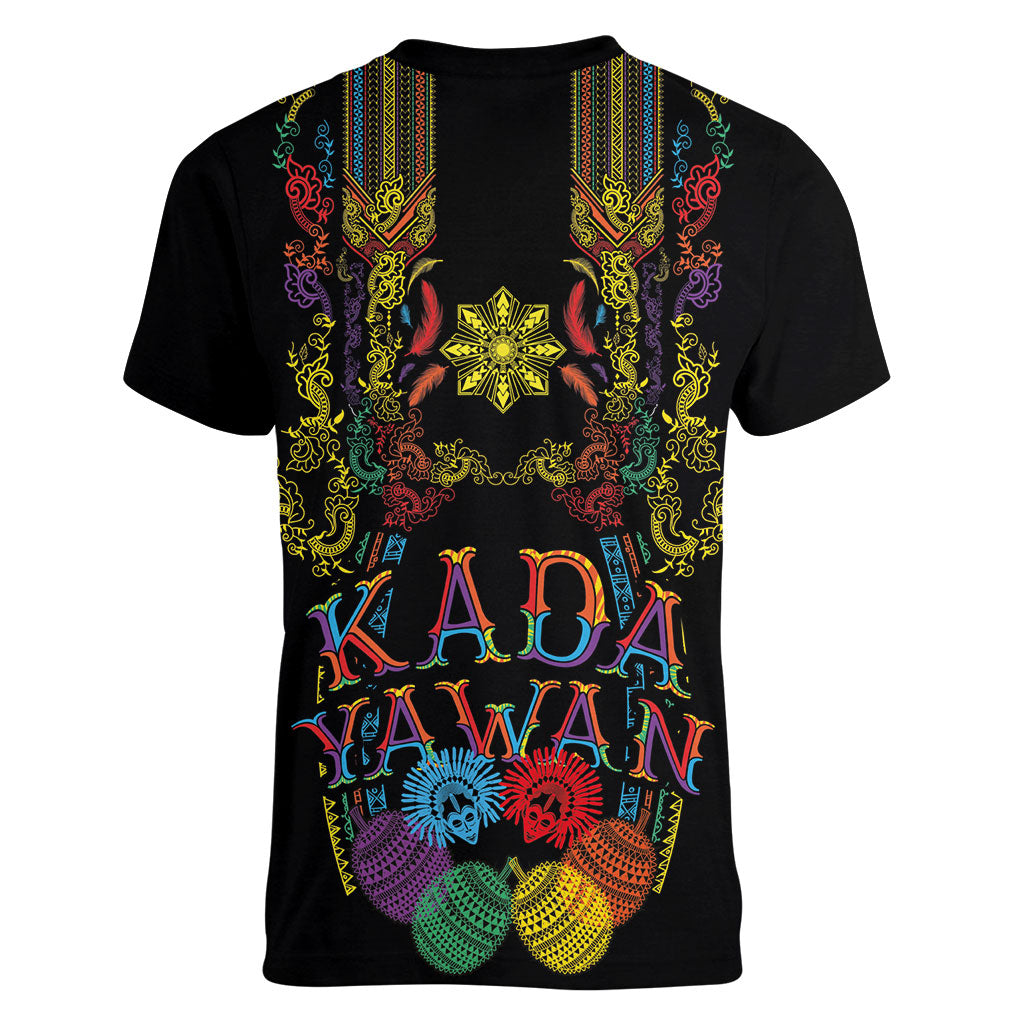 Philippines Kadayawan Festival Women V-Neck T-Shirt Polynesian Tribal Art Barong Style