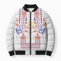 Philippines Barong Style Bomber Puffer Jacket Polynesian Kakau Art Tattoos with Tribal Filipino Sun LT03 Unisex White - Polynesian Pride