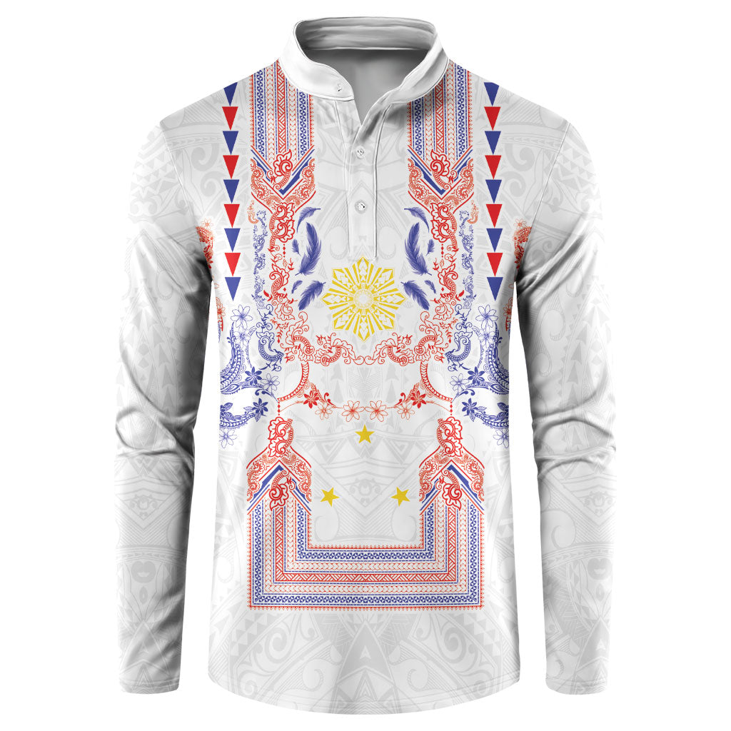 Philippines Barong Style Button Sweatshirt Polynesian Kakau Art Tattoos with Tribal Filipino Sun LT03 White - Polynesian Pride