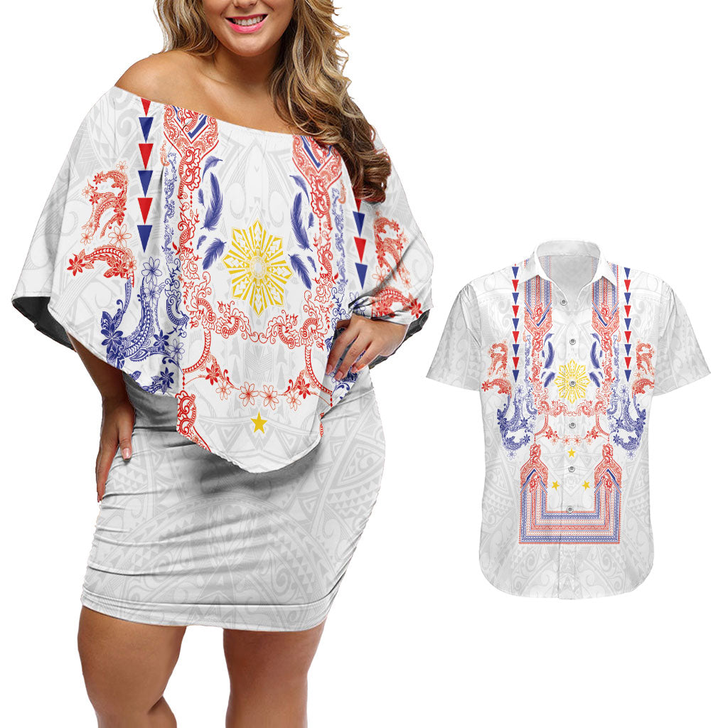 Philippines Barong Style Couples Matching Off Shoulder Short Dress and Hawaiian Shirt Polynesian Kakau Art Tattoos with Tribal Filipino Sun LT03 White - Polynesian Pride