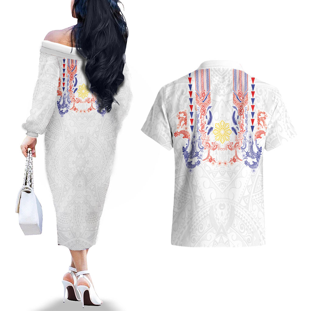 Philippines Barong Style Couples Matching Off The Shoulder Long Sleeve Dress and Hawaiian Shirt Polynesian Kakau Art Tattoos with Tribal Filipino Sun LT03 - Polynesian Pride