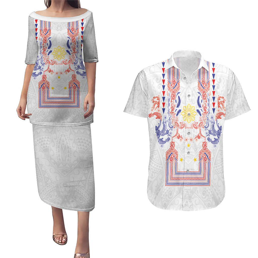 Philippines Barong Style Couples Matching Puletasi and Hawaiian Shirt Polynesian Kakau Art Tattoos with Tribal Filipino Sun LT03 White - Polynesian Pride