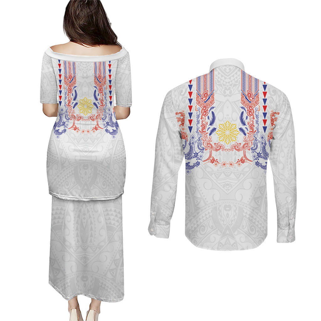 Philippines Barong Style Couples Matching Puletasi and Long Sleeve Button Shirt Polynesian Kakau Art Tattoos with Tribal Filipino Sun