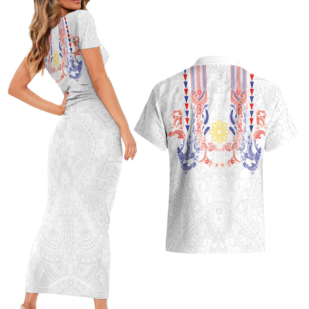 Philippines Barong Style Couples Matching Short Sleeve Bodycon Dress and Hawaiian Shirt Polynesian Kakau Art Tattoos with Tribal Filipino Sun LT03 - Polynesian Pride