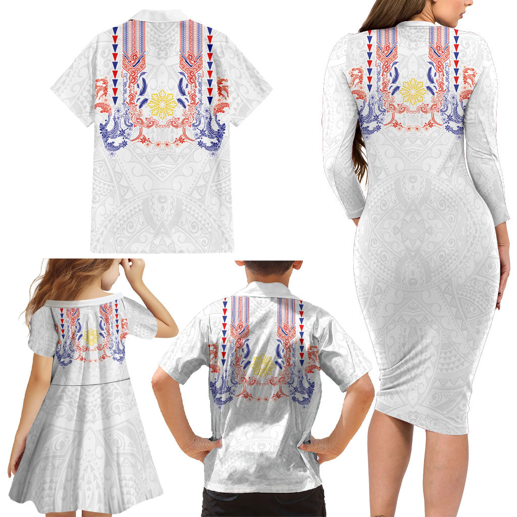 Philippines Barong Style Family Matching Long Sleeve Bodycon Dress and Hawaiian Shirt Polynesian Kakau Art Tattoos with Tribal Filipino Sun LT03 - Polynesian Pride