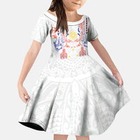 Philippines Barong Style Family Matching Off The Shoulder Long Sleeve Dress and Hawaiian Shirt Polynesian Kakau Art Tattoos with Tribal Filipino Sun LT03 Daughter's Dress White - Polynesian Pride