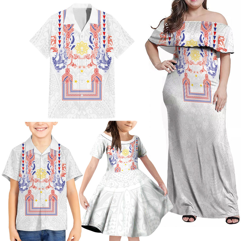 Philippines Barong Style Family Matching Off Shoulder Maxi Dress and Hawaiian Shirt Polynesian Kakau Art Tattoos with Tribal Filipino Sun LT03 - Polynesian Pride