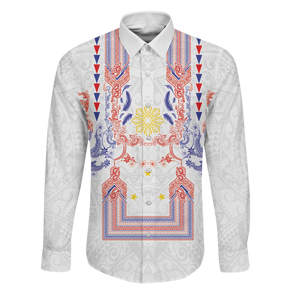 Philippines Barong Style Family Matching Puletasi and Hawaiian Shirt Polynesian Kakau Art Tattoos with Tribal Filipino Sun LT03 Dad's Shirt - Long Sleeve White - Polynesian Pride