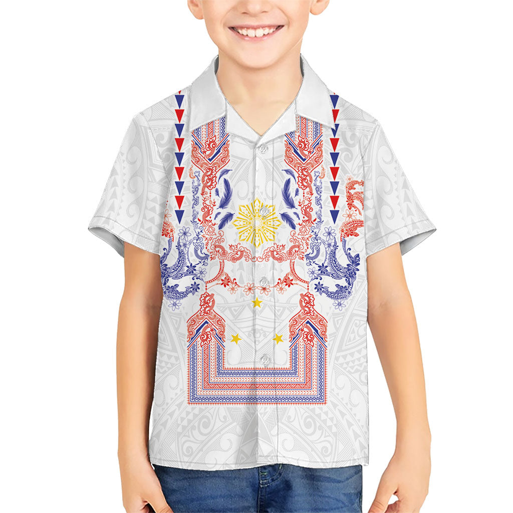 Philippines Barong Style Family Matching Puletasi and Hawaiian Shirt Polynesian Kakau Art Tattoos with Tribal Filipino Sun LT03 Son's Shirt White - Polynesian Pride