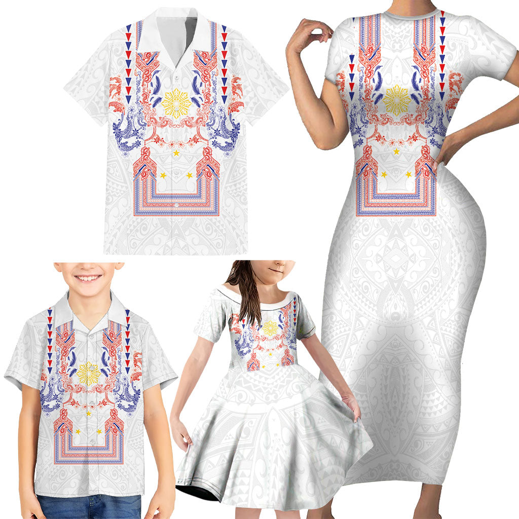 Philippines Barong Style Family Matching Short Sleeve Bodycon Dress and Hawaiian Shirt Polynesian Kakau Art Tattoos with Tribal Filipino Sun LT03 - Polynesian Pride