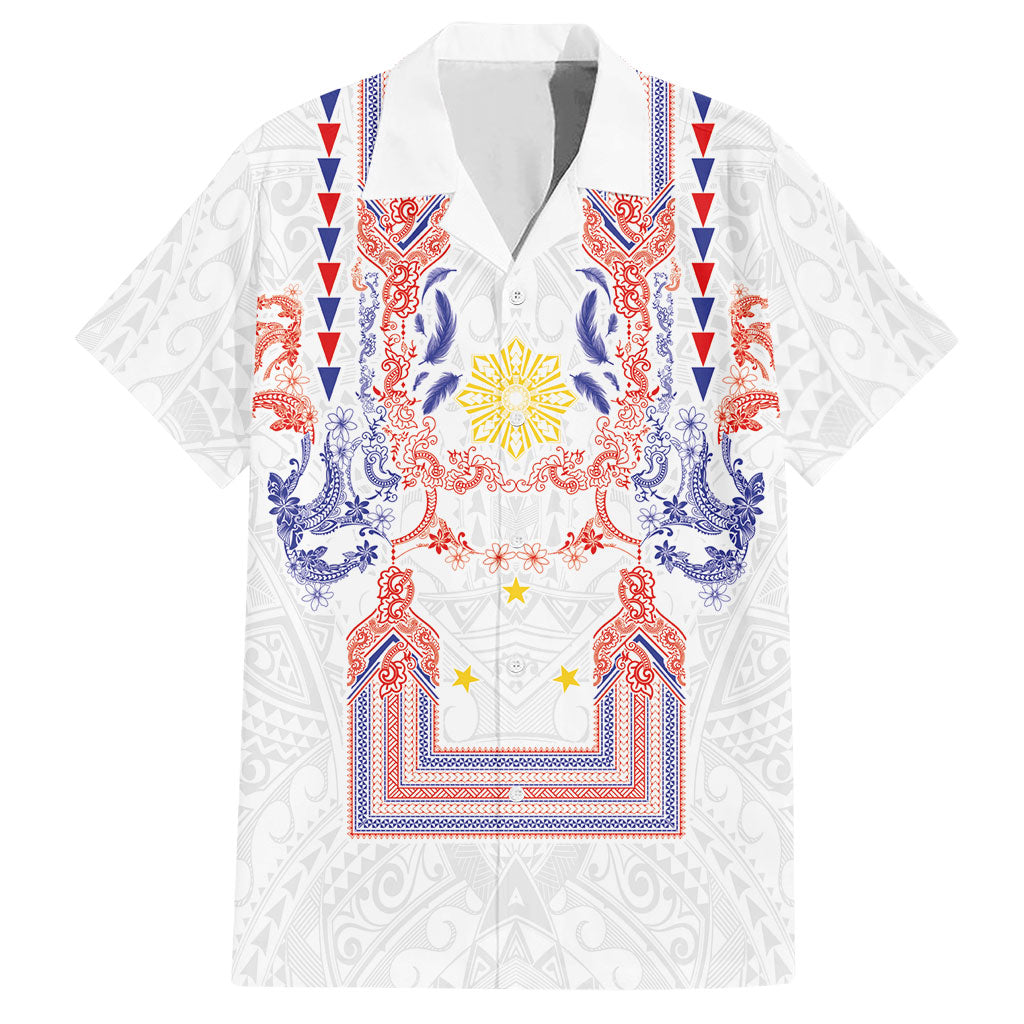 Philippines Barong Style Hawaiian Shirt Polynesian Kakau Art Tattoos with Tribal Filipino Sun LT03 White - Polynesian Pride