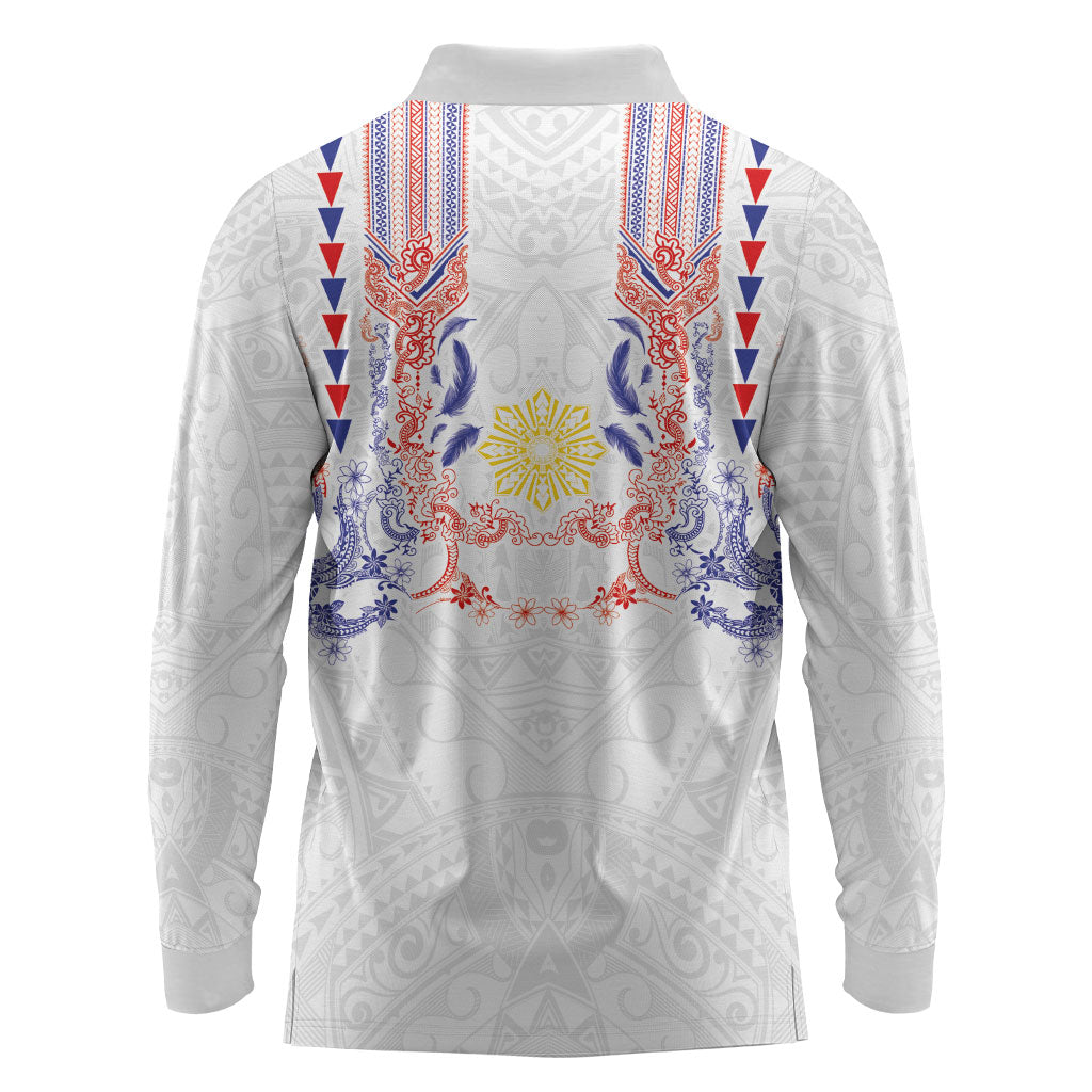 Philippines Barong Style Long Sleeve Polo Shirt Polynesian Kakau Art Tattoos with Tribal Filipino Sun