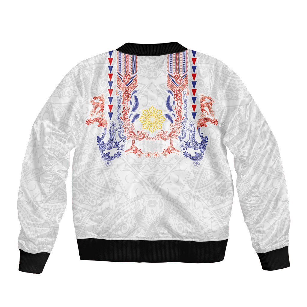 Philippines Barong Style Sleeve Zip Bomber Jacket Polynesian Kakau Art Tattoos with Tribal Filipino Sun