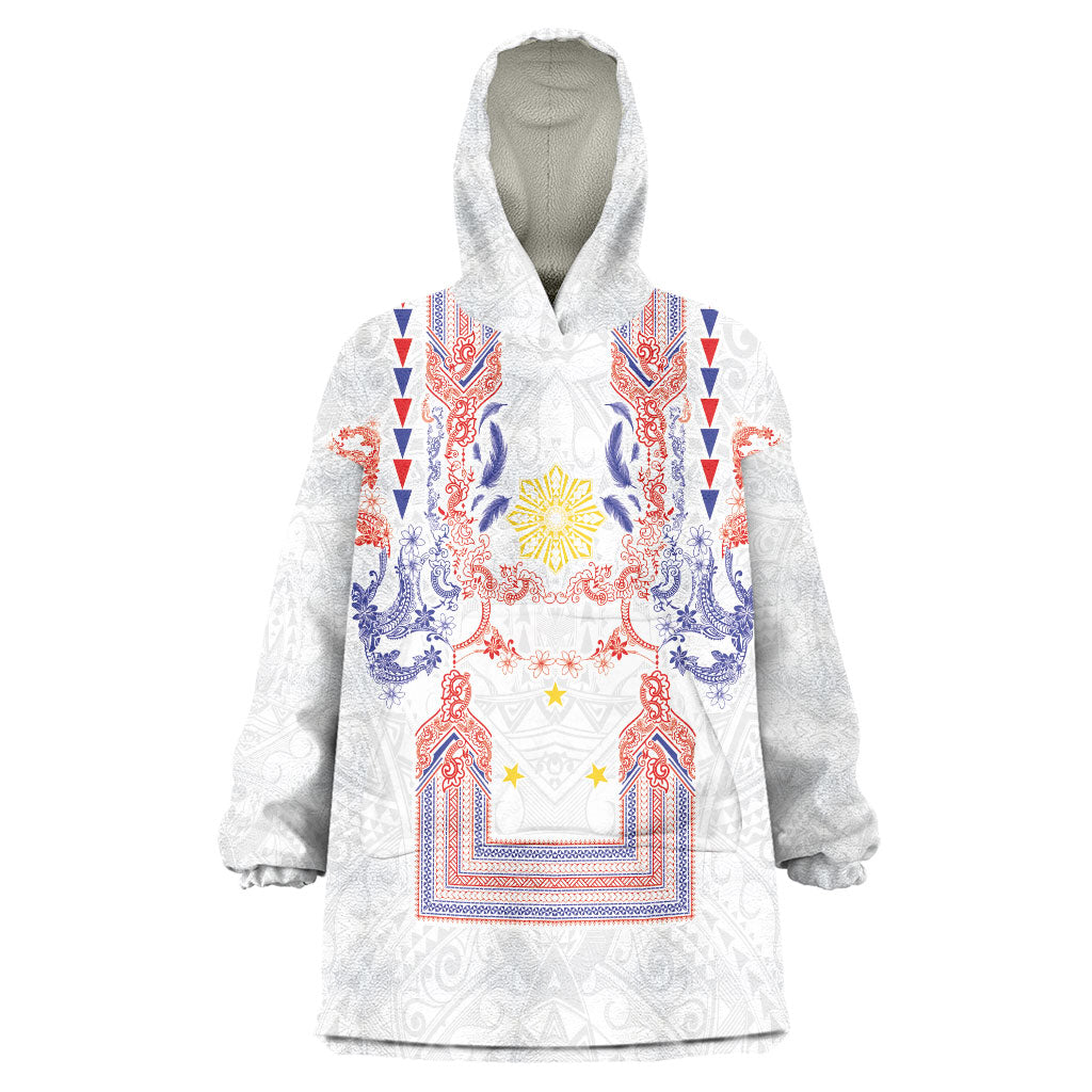Philippines Barong Style Wearable Blanket Hoodie Polynesian Kakau Art Tattoos with Tribal Filipino Sun LT03 One Size White - Polynesian Pride