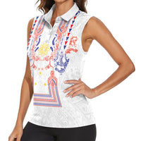 Philippines Barong Style Women Sleeveless Polo Shirt Polynesian Kakau Art Tattoos with Tribal Filipino Sun LT03 - Polynesian Pride
